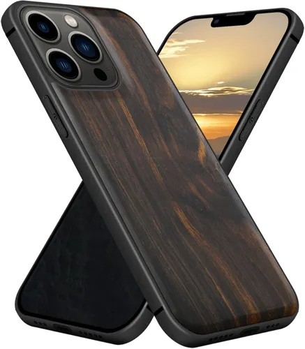 Vista 12 de Carveit Funda magnética de madera para iPhone 13 Mini [madera natural y TPU suave negro] funda protectora de madera única y elegante a prueba