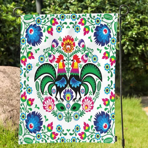 Vista 2 de Mugod Bandera de jardín de flores de Polonia, diseño cuadrado de arte popular floral con gallo decorativo primavera verano bandera de casa al aire