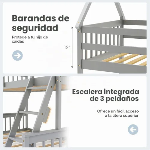 Vista 6 de KOMFOTT - Litera doble de madera con cama individual sobre cama tamaño full con escalera incorporada, marco de litera de madera de pino macizo