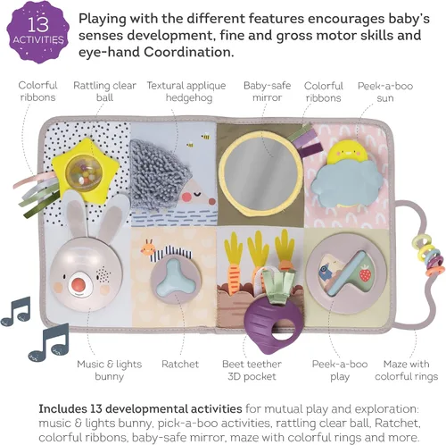 Vista 8 de Taf Toys Tablero de actividades para recién nacidos y niños pequeños con música y luces, 13 actividades Montessori, espejo seguro para bebés