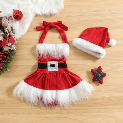 Vista 3 de Mono de Navidad de terciopelo con cuello halter y sombrero de Papá Noel disfraz de Navidad