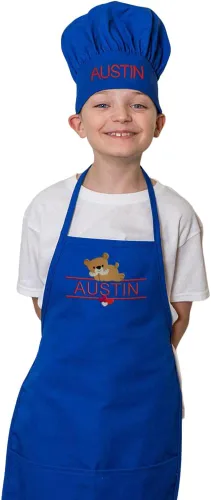 Vista 3 de Conjunto de delantal y sombrero personalizado para niños, diseño de animales, añade tu propio nombre para niños, cocina, horneado Blanco