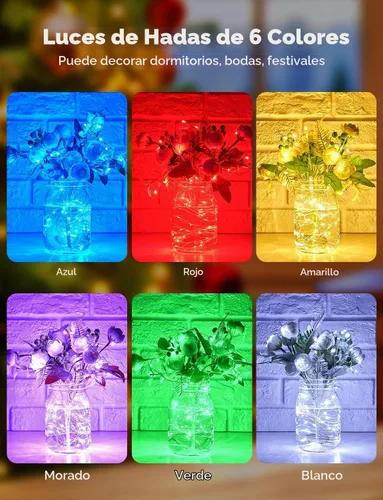 Vista 3 de Brightown - Paquete de 12 luces LED de hadas multicolor con pilas, resistentes al agua, cable plateado de 7 pies, 20 luces LED de luciérnagas
