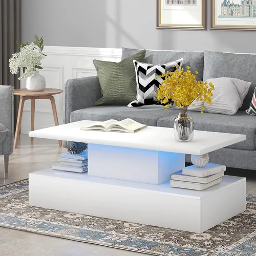 Vista 15 de Quarte Mesa de centro de estilo moderno de 2 niveles con iluminación LED de 16 colores, mesa de cóctel con control remoto y gran lugar