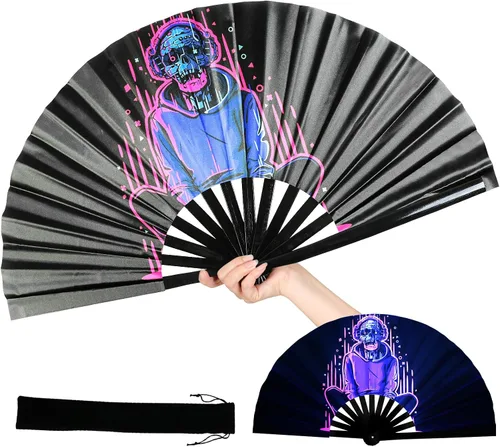 Vista 8 de INNOLIFE Ventilador de mano plegable grande de 13 pulgadas para raves, ventilador de rave con brillo UV, ventilador de mano para mujeres y hombres