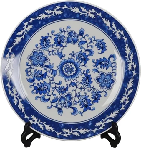 Vista 7 de Platos decorativos de porcelana azul y blanca de 10.2 in con patrón floral oriental para manualidades de cerámica para adornos, 1 plato con 1