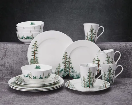 Vista 10 de Mikasa Watercolor Forest Bone China - Juego de vajilla ligera de 16 piezas resistente a las astillas, servicio para 4, color blanco
