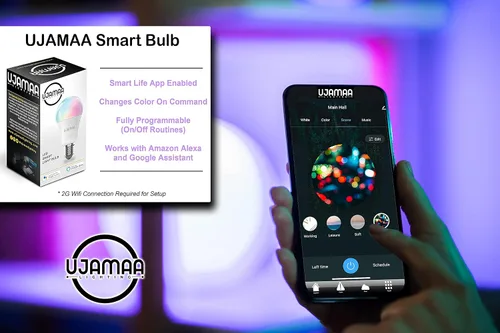 Vista 4 de Ujamaa Lighting Bombilla LED inteligente Wi-Fi de 2.4 GHz, 9 W, multicolor, regulable, A19, E26, compatible con Alexa y Google Home Assistant