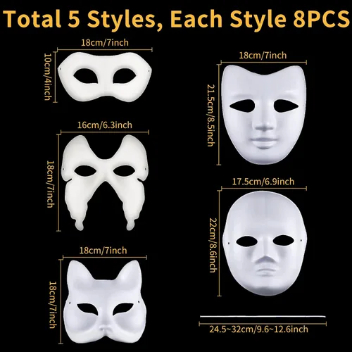 Vista 5 de twinklemon 40 máscaras de papel blanco maché para bricolaje de cara completa, máscaras de manualidades en blanco, máscaras de gato para proyectos