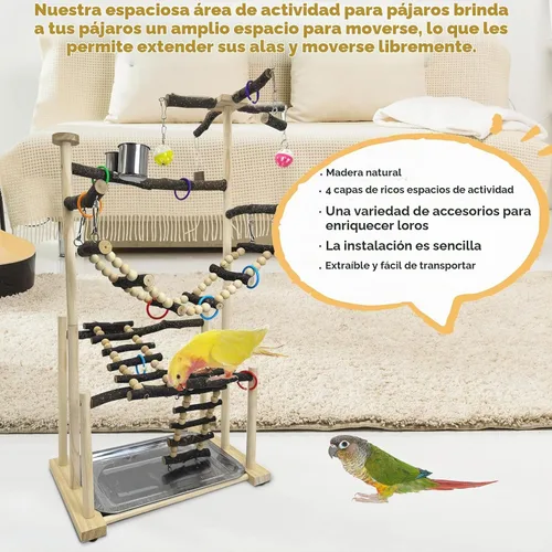 Vista 6 de kathson Parque infantil grande para pájaros, perca de madera natural, 4 capas, centro de actividades con perchas, escalera, juguetes para masticar