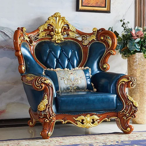 Vista 9 de Sofá de cuero de estilo europeo, sofá de lujo de estilo americano tallado en madera maciza, muebles de sala de estar, sofá individual combinado es