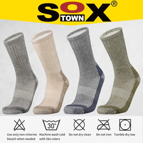 Vista 6 de SOX TOWN Calcetines de lana merino que absorben la humedad para exteriores senderismo senderismo calcetines para hombres paquete de 4