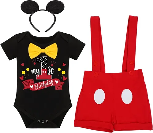 Vista 11 de IBTOM CASTLE Conjunto de caballero para primer cumpleaños para bebé, niño, traje formal con pajarita, babero, pantalones, orejas, conjunto