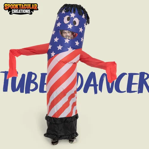 Vista 2 de Spooktacular Creations Disfraces inflables para adultos bandera estadounidense bailarín de aire tubo ondulado para hombre disfraz con soplador