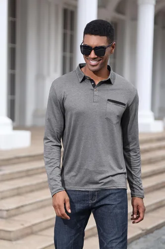 Vista 3 de Polo de algodón clásico de manga larga con botones térmicos y bolsillo para hombre