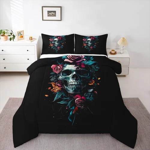 Vista 18 de Juego de edredón de polilla de la muerte, juego de ropa de cama tamaño individual, diseño de calavera gótica, flores botánicas, juego de edredón