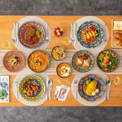 Vista 9 de vancasso 24-Piece Dinnerware Sets,Plates & Bowls Sets Service for 6, Bohemian Porcelain Dishes Set for 6, Kitchen Dinner Set,Microwave & Dishwasher