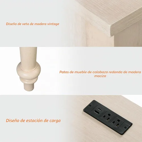 Vista 8 de WAMPAT Escritorio ejecutivo de madera con 5 cajones y estación de carga, beige, 56 pulgadas