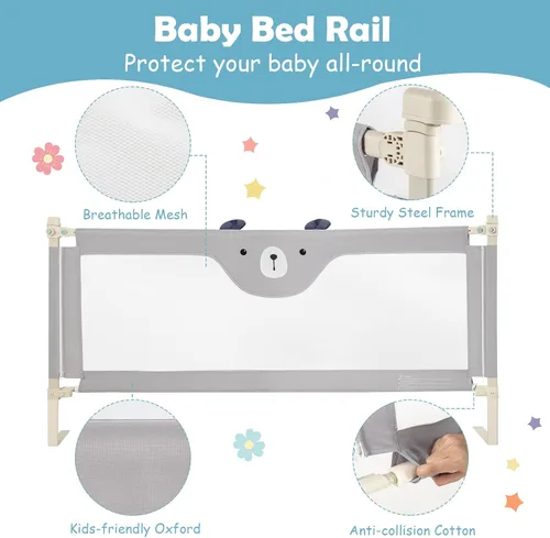 Vista 5 de BABY JOY Riel de cama para niños pequeños, 69 pulgadas, extra largo, altura ajustable y plegable, protector de riel de cama de bebé con malla Gris