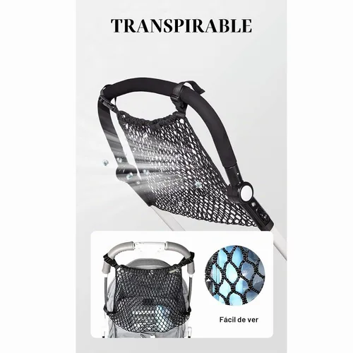 Vista 5 de Organizador universal para cochecito de bebé, bolsa de almacenamiento de malla de poliéster con espacio de almacenamiento extragrande, accesorios