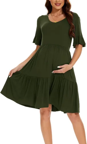 Vista 3 de Smallshow Vestido de maternidad para mujer, con volantes, manga corta, ropa de embarazo de verano Verde militar