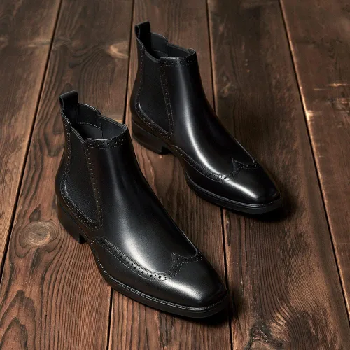 Vista 3 de FRASOICUS Botas Chelsea para hombre, botas de vestir de cuero genuino para hombre