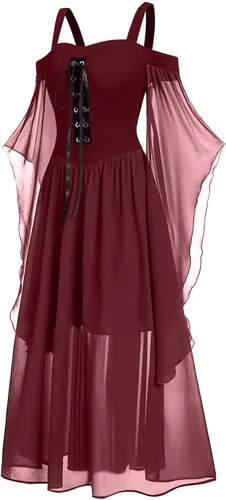 Vista 2 de Qliuoazw Vestidos renacentistas para mujer, con corsé medieval de hadas, vestido de baile, campesina, vikingo, irlandés, disfraces góticos y punk