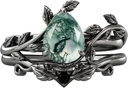 Vista 3 de DONGHU Juego de anillos de compromiso de ágata musgo natural plata10K14K18K oro macizo inspirado en hojas y musgo ágata, ágata verde, vintage, único