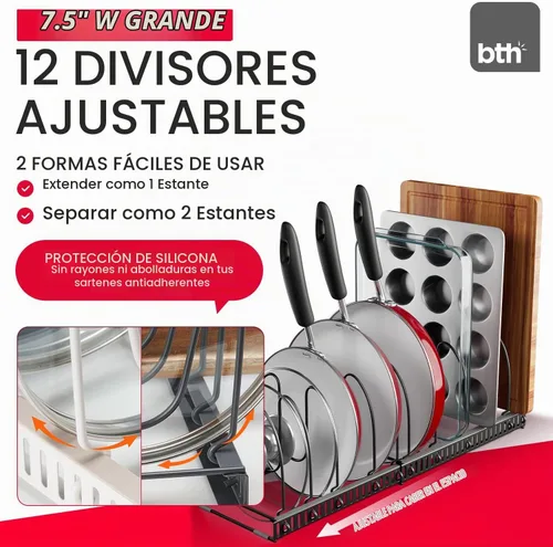 Vista 2 de BetterThingsHome - Soporte organizador de sartenes: se puede extender a 22.25 pulgadas, total 7 compartimentos ajustables. Gris Oscuro