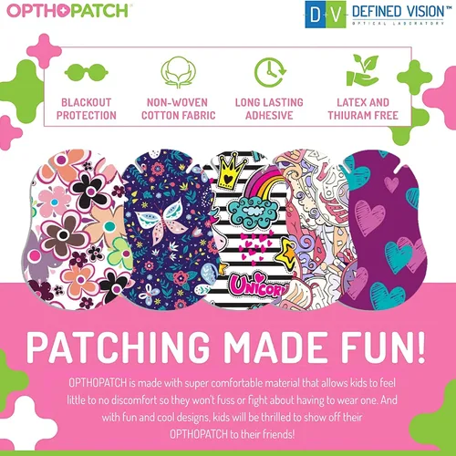 Vista 5 de Opthopatch Defined Vision - Parches para ojos para niños, diseño divertido para niñas [Serie II], 30 + 10 vendajes adhesivos de algodón