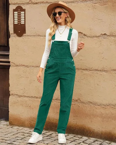 Vista 3 de LookBookstore Overol de pana para mujer con tirantes ajustables, enterito de moda con bolsillos para mujer Verde alpino