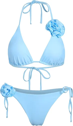Vista 6 de ZAFUL Conjunto de bikini rosa 3D para mujer, dos piezas, con lazo en la espalda, halter atrevido traje de baño