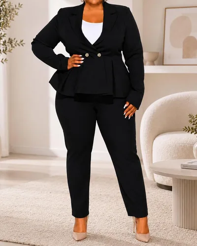 Vista 2 de CXXQ Pantalones tipo blazer peplum de 2 piezas para mujer, talla grande Negro