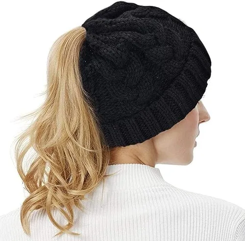 Vista 7 de Rosoz Gorro de cola de caballo para mujer, gorro cálido de invierno, suave, elástico, de punto trenzado, para moño alto