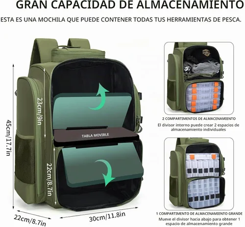 Vista 5 de WANOON Mochila de pesca, bolsa de aparejos, con cajas de aparejos. Bolsa de pesca grande, materiales fuertes
