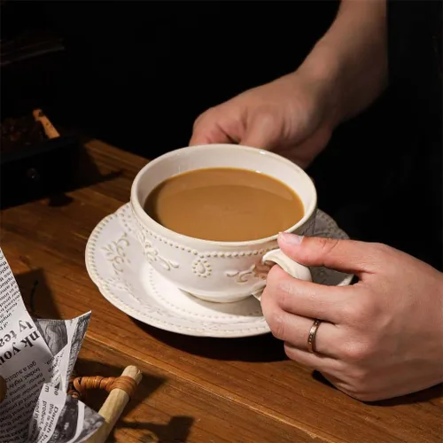 Vista 6 de Tazas de capuchino de 6 onzas con platillos, apto para inauguración de la casa, taza de café de cerámica en relieve para Au Lait, doble shot, latte