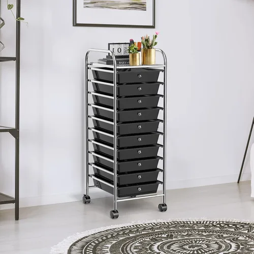Vista 2 de COSTWAY Carrito de almacenamiento con ruedas de 10 cajones, carrito móvil utilitario con cajones extraíbles y ruedas universales y 2 frenos, carrito