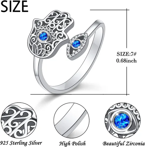 Vista 4 de Hamsa Hand of Fatima Lotus Evil EyeLove HeartButterflyRose Spoon Adjustable Open Rings 925 Sterling Silver Statement Ring Jewelry Gifts for Women