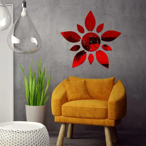 Vista 5 de Adhesivo de pared acrílico, diseño de flores en 3D Self-Adhesive Red Acrylic Crystal Material, Mirror Wall Clock For Home, Apartment And Indoor
