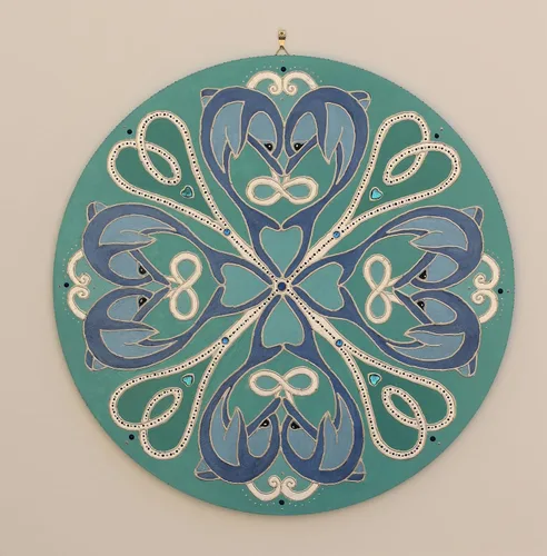 Vista 4 de Turquoise Teal Blue Dolfin Mandala Wall Hanging, Original Round Art Painting with Dolphins, Hand Painted Coastal Home Decor with Ocean Vibes