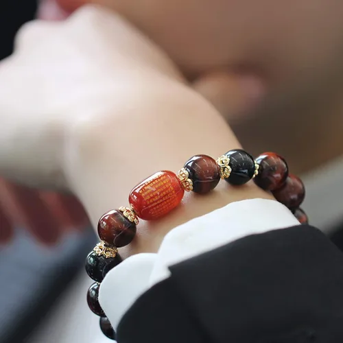 Vista 5 de Jewever Pulsera de triple protección Feng Shui Healing Stretch- Ojo de tigre - Obsidiana - Sutra ágata cuentas 0.472 in Piedra Unisex Joyería, Gema