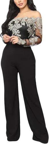 Vista 4 de Aro Lora Enterizo con hombros descubiertos para mujer, bordado floral, encaje transparente, pierna ancha