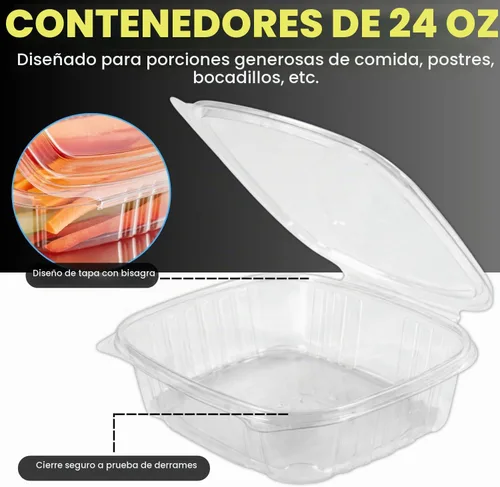 Vista 5 de Contenedores de delicatessen con tapas con bisagras, plástico PET, transparente, 24 onzas, 50 unidades, concha, rectangular, almacenamiento