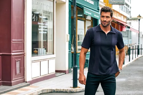 Vista 6 de Coutgo Camisas polo con cremallera para hombre, manga corta, a rayas, ajuste regular, cuello Fasion