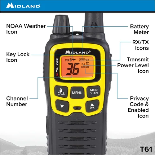 Vista 3 de Midland T61VP3 Radio bidireccional FRS de 36 canales - Walkie Talkie de hasta 32 millas de alcance - Amarillo/Negro (paquete de 6)