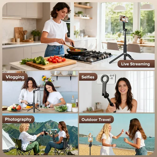 Vista 7 de Trípode magnético para selfie de 64 pulgadas, soporte de trípode de apertura automática con soporte giratorio de 360° para teléfono de viaje
