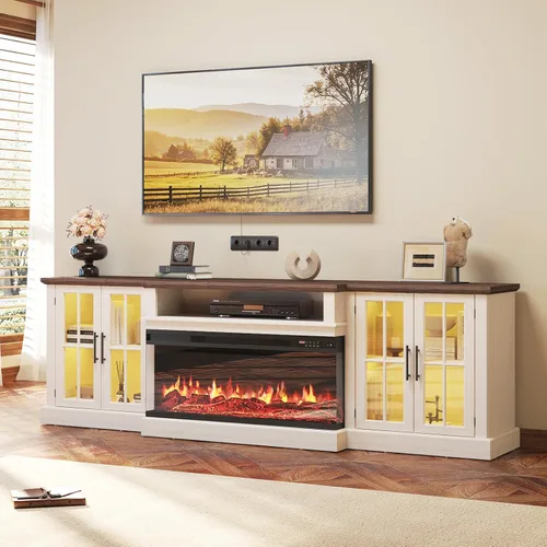 Vista 17 de Mueble de TV de estilo granja de 98" con chimenea de 36" para televisores de hasta 100", centro de entretenimiento multimedia con estantes 2-Blanco