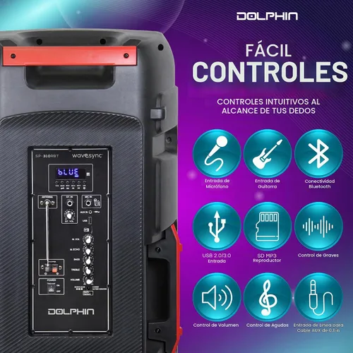 Vista 3 de Dolphin SP-310RBT Triple 10" recargable Fiesta altavoz, fuerte, bajo, portátil