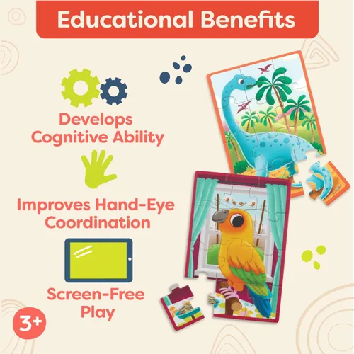 Vista 4 de B. toys Pack o' Puzzles Paquete de 2 - Mascotas y Dinos - Juego de cajas de rompecabezas de madera - 2 cajas, 8 juegos - 12 piezas - 3+ años 8