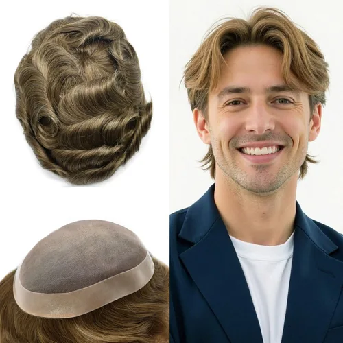 Vista 105 de Mens Toupee Hair Piece Real Human Hair Fine Mono Toupee para hombres Sistema de reemplazo de cabello para hombre Postizo Protesis Capilar Para